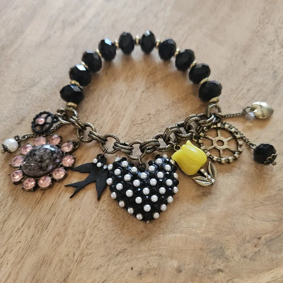 Betsey Johnson Black Bead Charm Bracelet with Pink and Yellow Accents - Picture 2 of 5